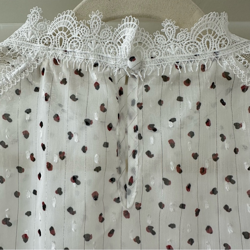 Promesa White Lace Victorian Style Blouse w/ Black & Red Polka Dots, Size Medium - Picture 10 of 10